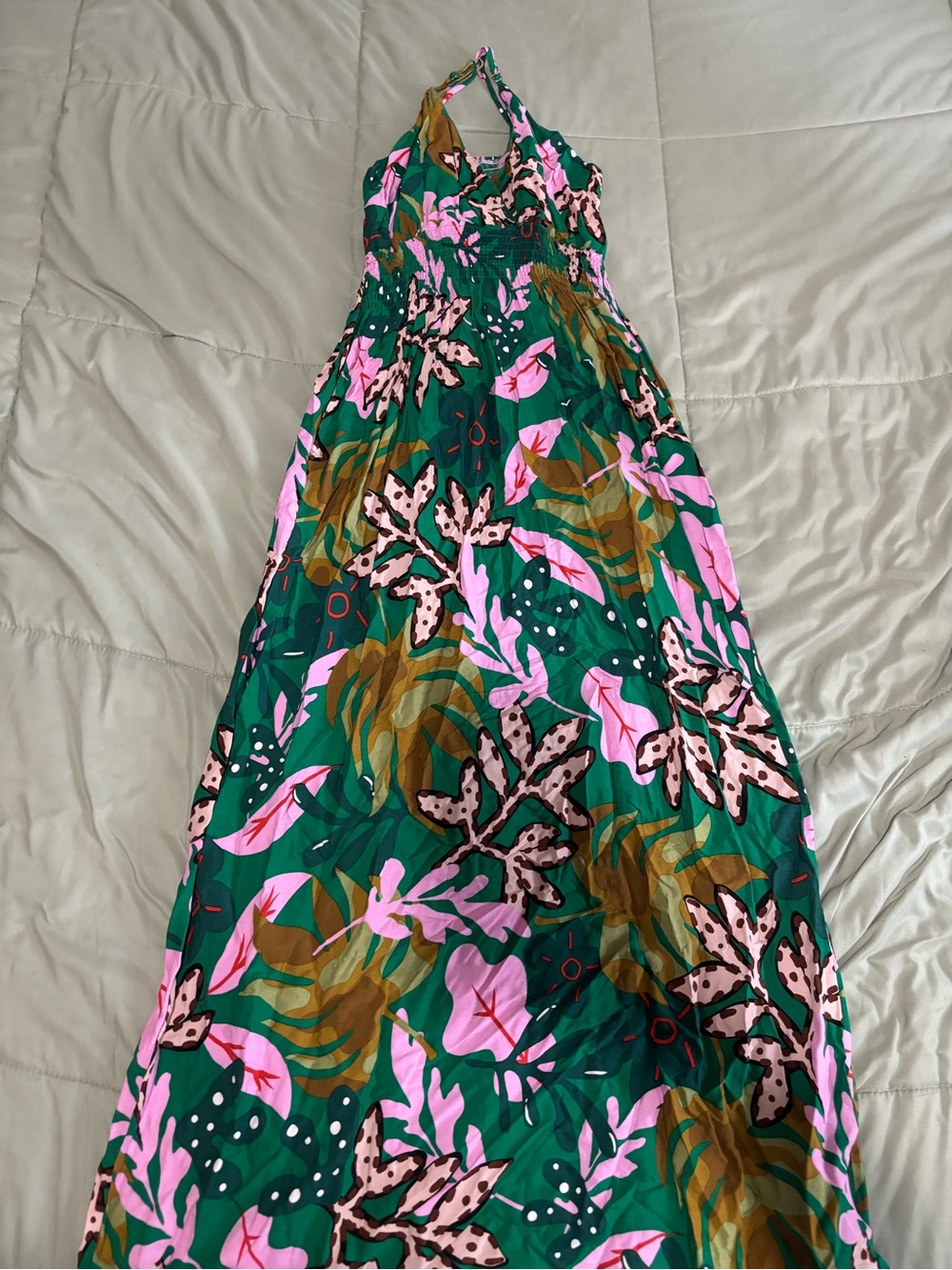 Green Tropical Halter Maxi Dress with Pink Floral Print